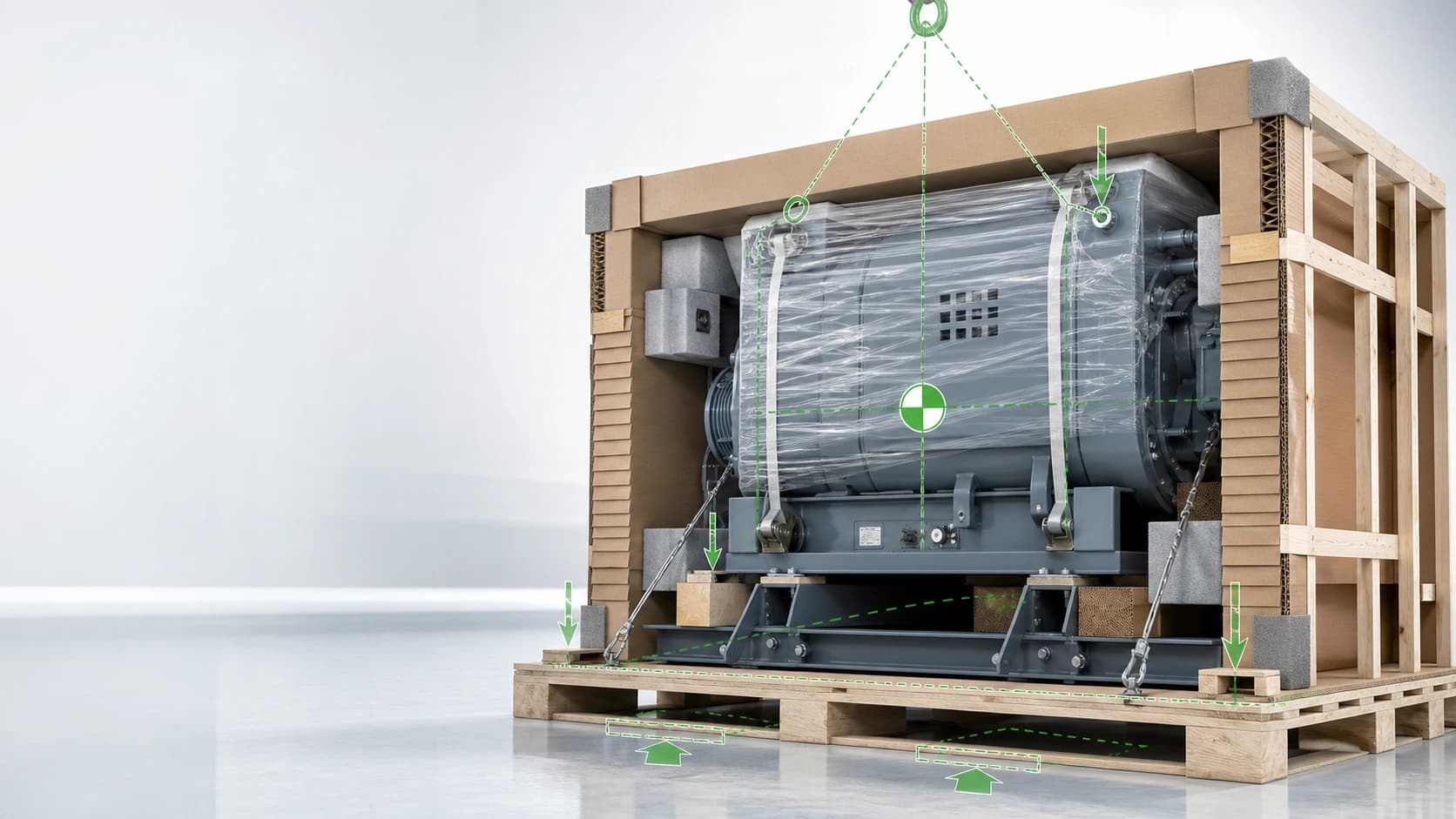 Industrial equipment fixing, pallet, lifting points and heavy-duty packaging structure display