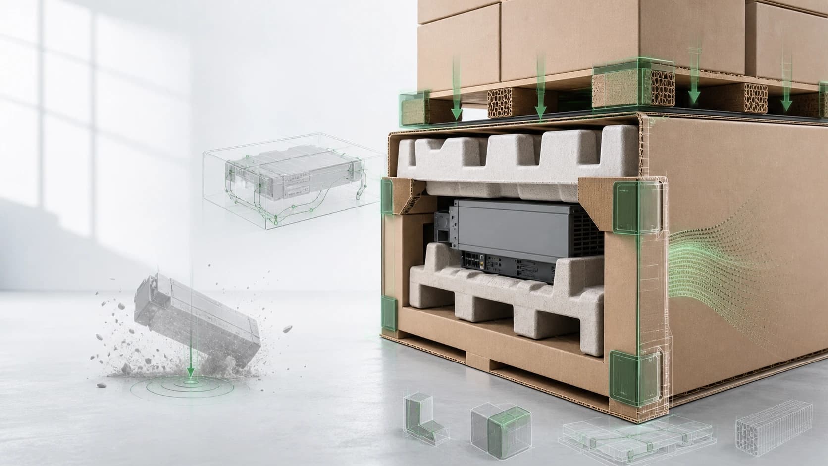 Product cushioning structure, carton compression and transport force relationship display